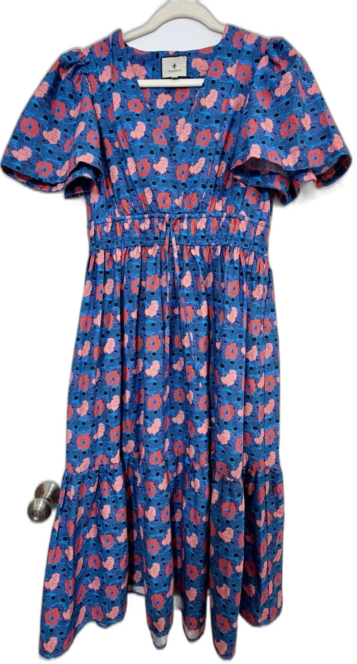 Tuckernut Mitchell Dress Retro Floral Blue Pink Flutter Sleeve Midi Small gently